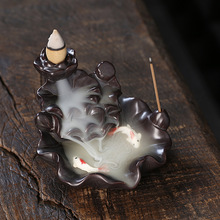 跨境 陶瓷倒流观赏香炉 创意荷花双鱼檀香烟回流香薰炉家居摆件