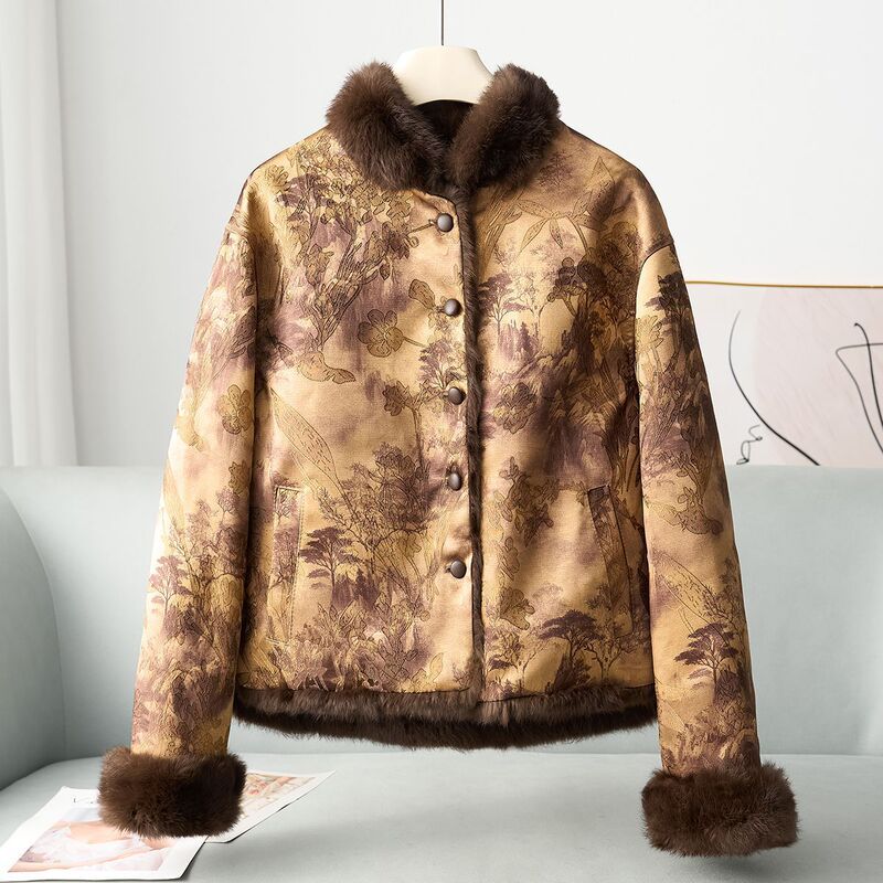 Factory Ready Stock 2025 Autumn and Winter New Style Chinese Style Stand Collar Rabbit Fur Outwear Fashionable Elegant Reversible Top for Women