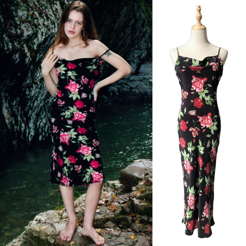 Romantic Encounter·Dream Halo Rose Black Printed Silk Swing-Neck Camisole Dress