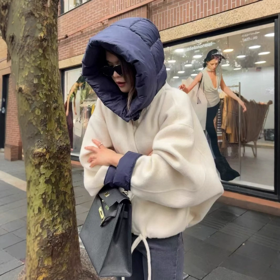 Короткое миниатюрное свободное повседневное кашемировое пальто с пэчворком, шапка из пуха, шерстяное двустороннее пальто для женщин