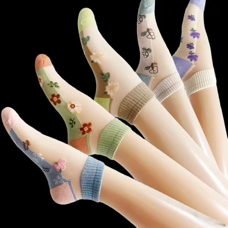 Women's Summer Short Crystal Socks Cute Glass Silk Breathable Hollow Out Ultra-Thin Boat Socks