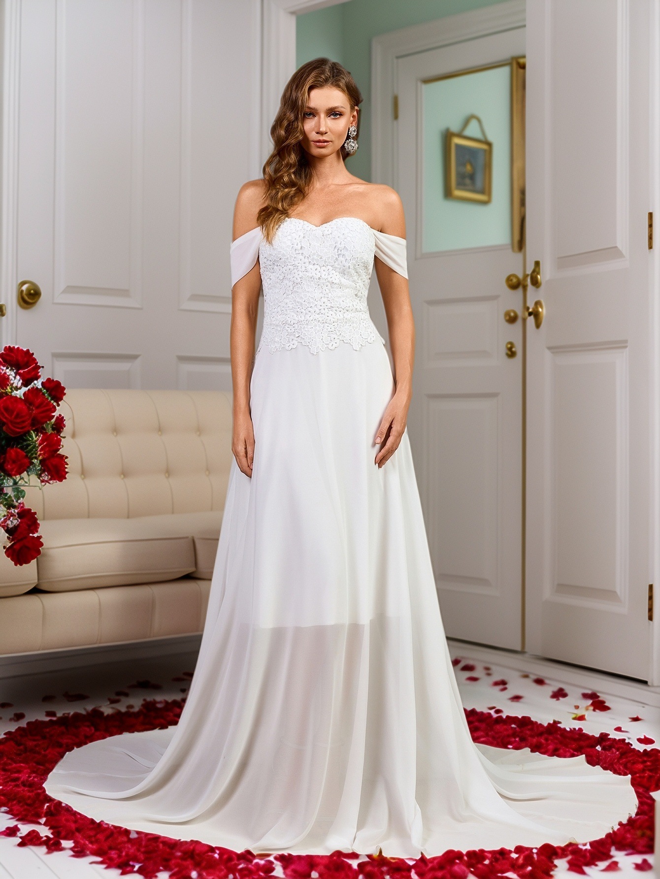 2025 verano nuevo vestido de comercio exterior wish amazon doble hombro encaje chiffon empalme vestido de novia