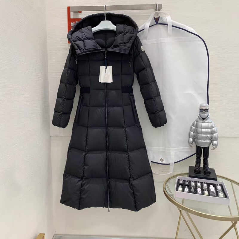 High-end Moncler winter escapee princess style long hooded down jacket for women, white duck down, slim fit, and slimming effect