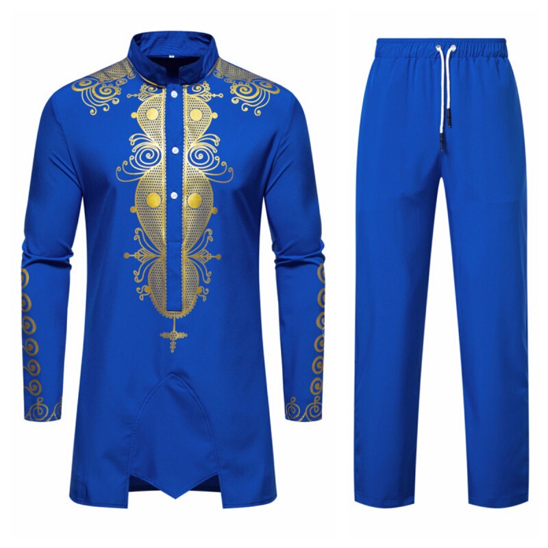 Cross-Border Foreign Trade 2023 New Men's Ethnic Style Robe with Gold Stamping, Long-Sleeved Pants, Casual Suit