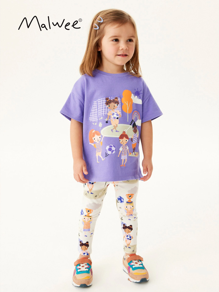 Malwee niñas verano nuevo traje para niños europeos y americanos cuello redondo manga corta Pantalones casual traje de dos piezas para niños
