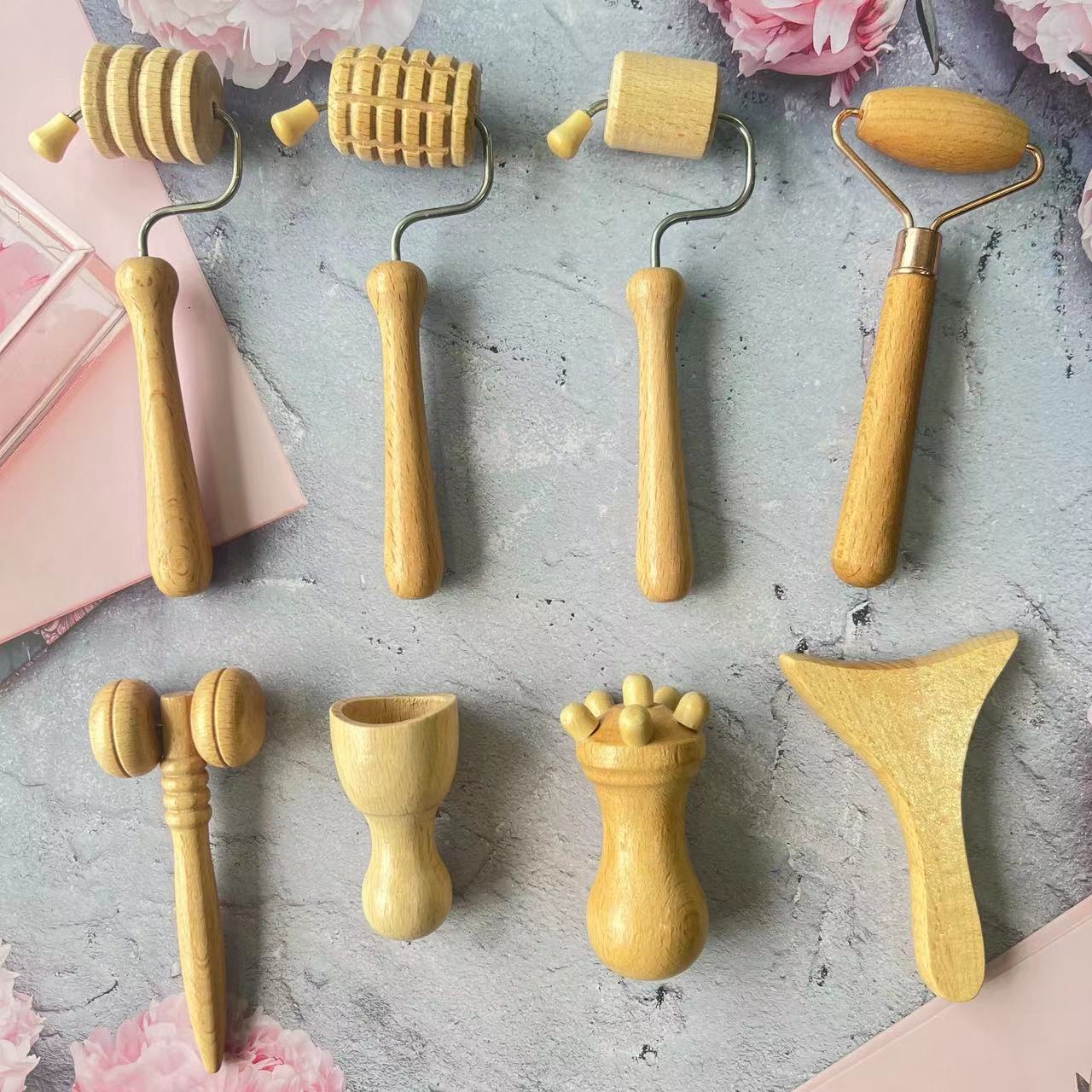 Amazon-Buchholz kleines Massageset Lotus, handgefertigte Massagezubehöre aus Lotusholz, massives Lotusholz, handgeschnitztes Set