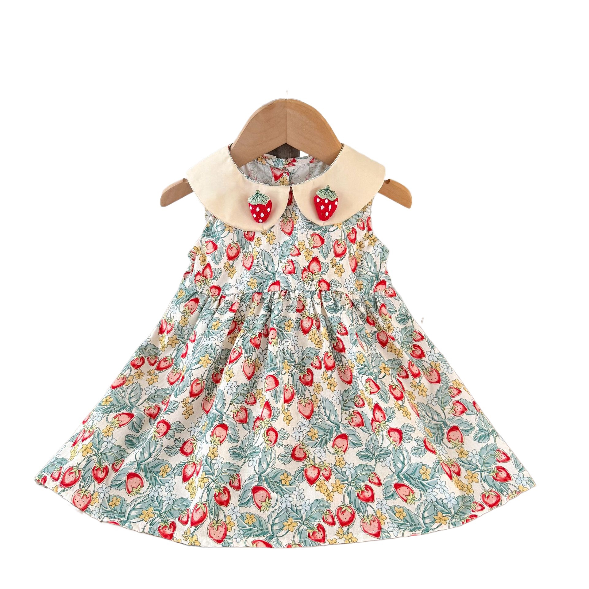 Ins niña coreana bebé algodón fresa estampado solapa chaleco falda verano niño pequeño y mediano vestido suave