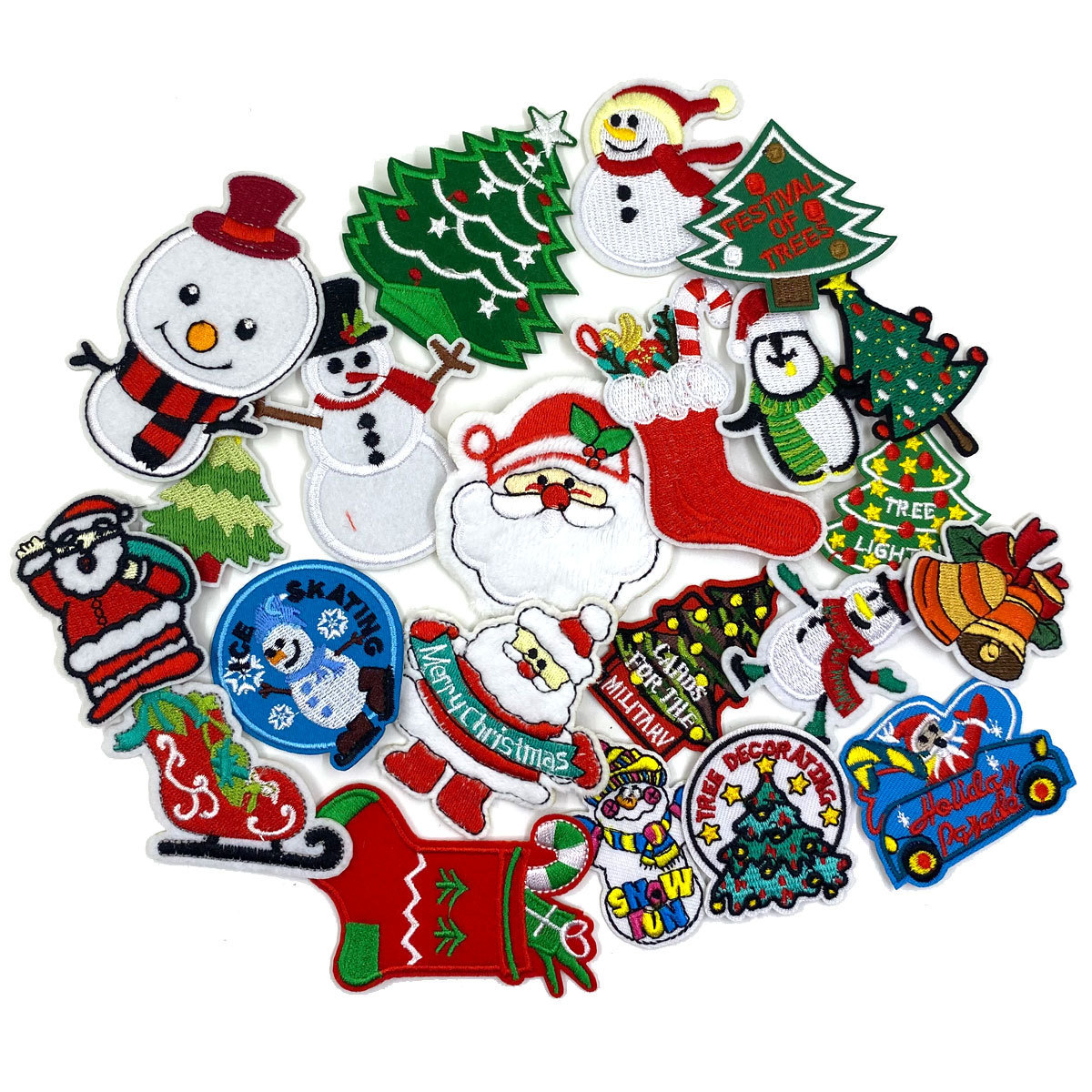 卡通刺绣圣诞套装圣诞老人树袜子雪人徽章布贴装饰帽子衣服鞋帽包