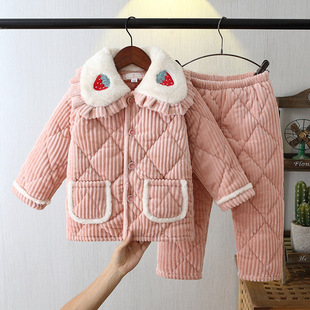 Autumn and Winter Children's three-layer padded quilted pajamas cute cartoon suit flannel lapel home clothes for boys and girls