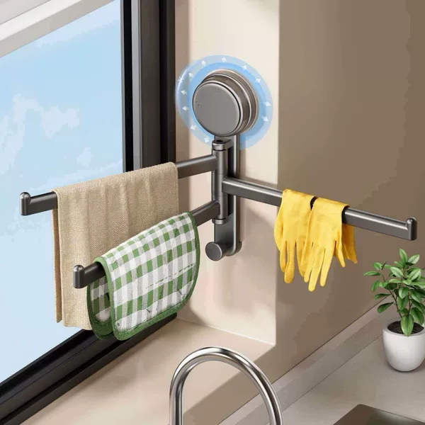 Suction cup kitchen rag rack, multi-rod rotatable draining rack for sink and window sill, wall-mounted towel rack
