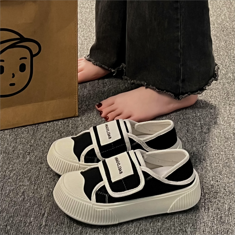 Canvas Half Slippers for Women, Spring and Autumn New Thick-Soled Velcro White Shoes, Two-Wear Slip-On Cloth Shoes for Women