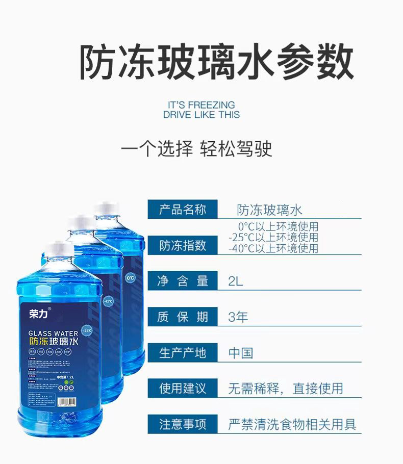 2-Liter Glass Water Car Windshield Wiper Fluid, Decontamination Coating, Winter Frost Protection from -15 to -40 Degrees, Factory Direct Sales