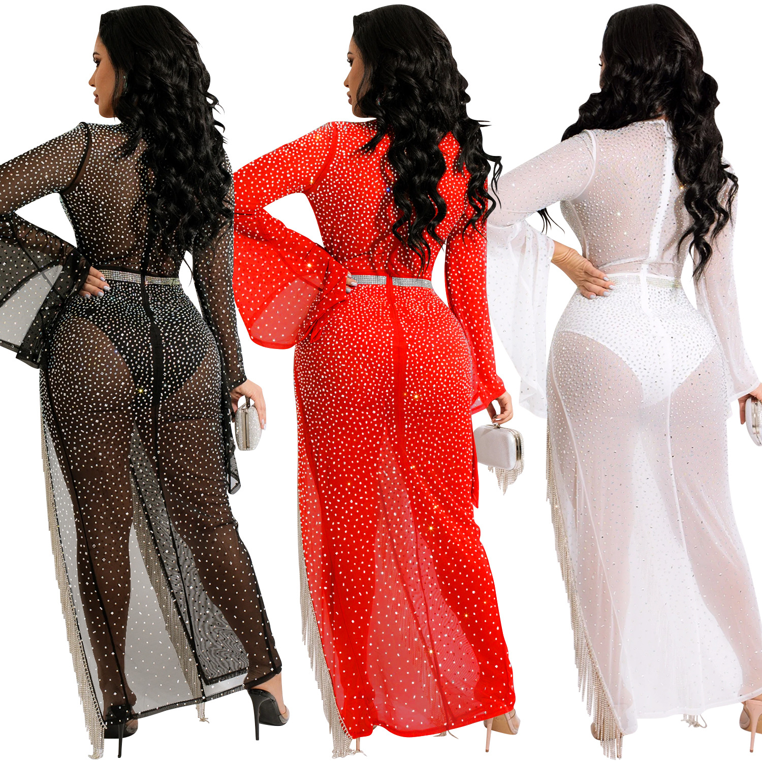 X5597 AliExpress moda sexy discoteca caliente rhinestone profundo V manga ancha irregular split borla vestido de las mujeres