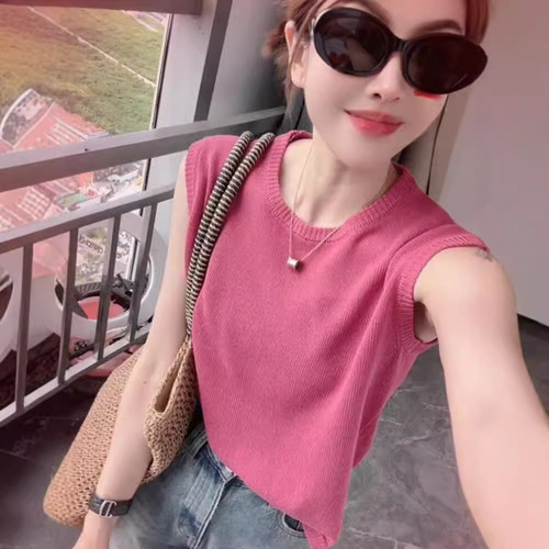 Pink sleeveless knit top for women, summer thin fashion stylish loose inner vest, backless top