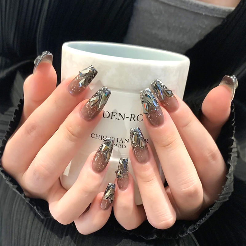Cross-Border 24 Pieces of Medium-Length Wearable Nails, Black Glitter Powder, Gradient Medium Ladder Nails, Wearable Nails, Wholesale Cross-Border 24 Pieces of Medium-Length Wearable Nails, Black Glitter Powder, Gradient Medium Ladder Nails, Wearable Nails, Wholesale