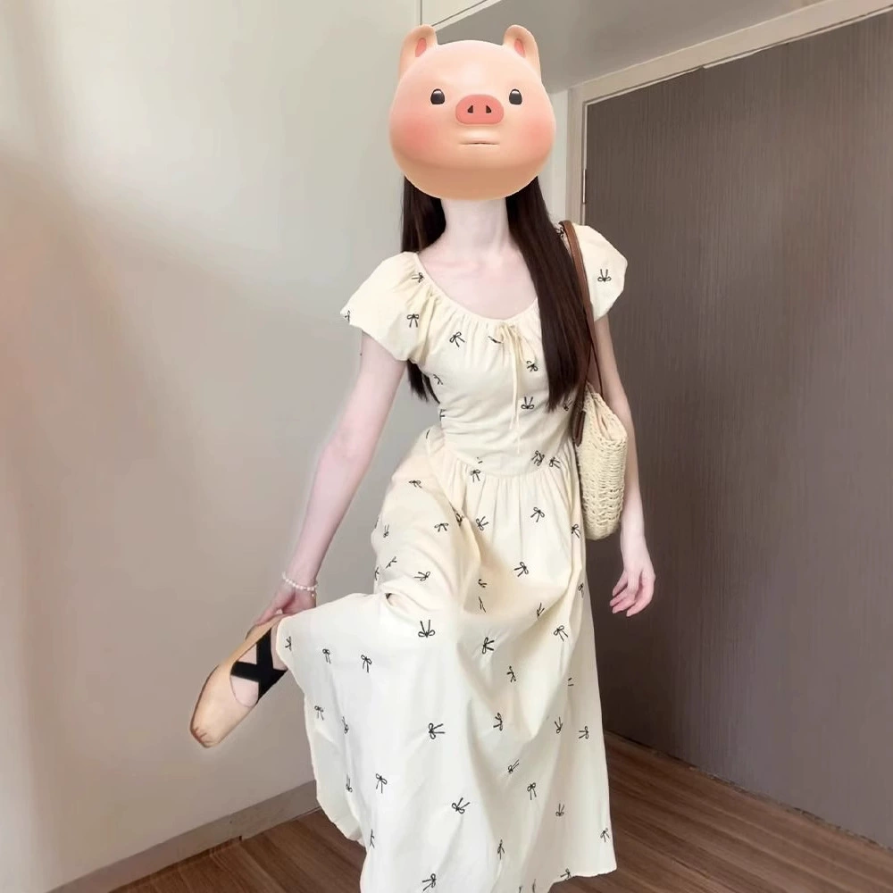 Чай-перерыв Французский рукав пузырь юбка платье женская летнее лето 2025 новый маленький человек, чтобы убрать талию темперамент длинное платье