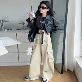 2025女童秋装新款套装酷帅短款机车皮衣外套工装长裤时尚两件套
