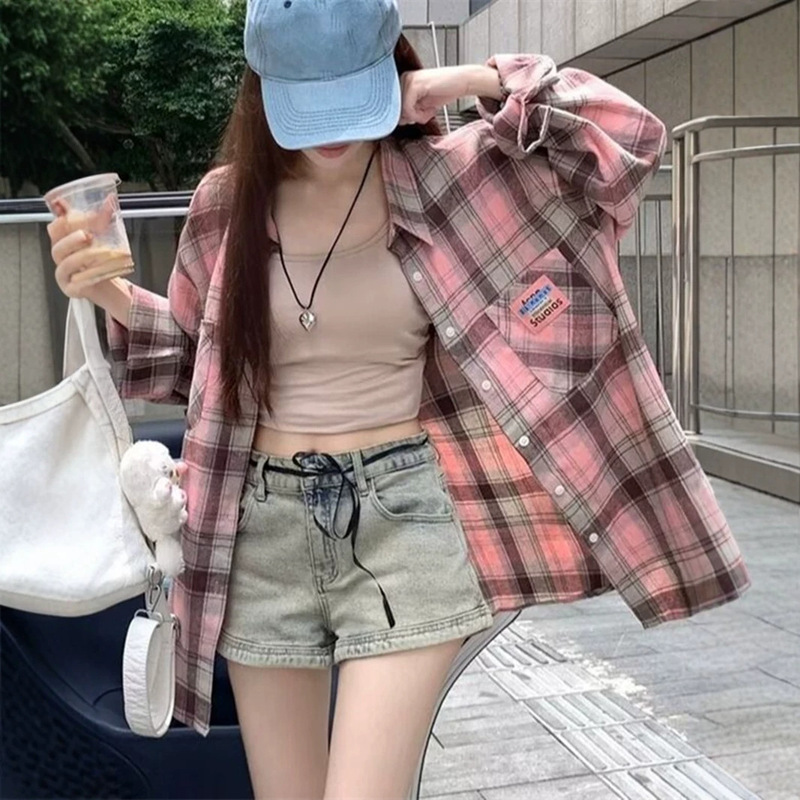 Cross-Border Pink Plaid Shirt Women's Top Spring and Autumn Hong Kong Style Retro Loose Casual Sun Protection Long-Sleeved Shirt Jacket Cross-Border Pink Plaid Shirt Women's Top Spring and Autumn Hong Kong Style Retro Loose Casual Sun Protection Long-Sleeved Shirt Jacket