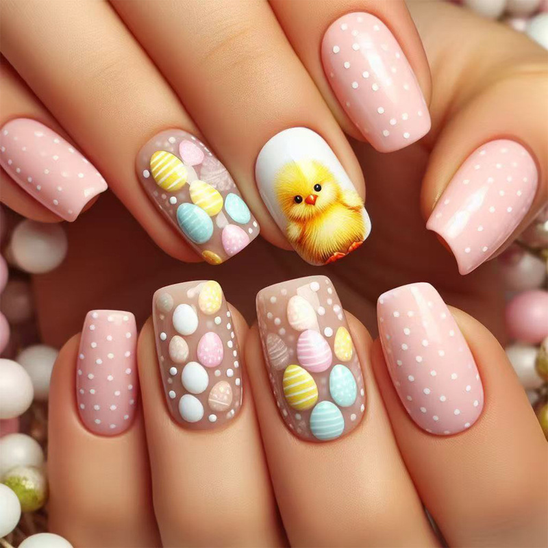 Easter Cute Chicken Egg Wave Dot Design Short Square Fashion Fake Nail Wear Armor March New Manicure Pieces