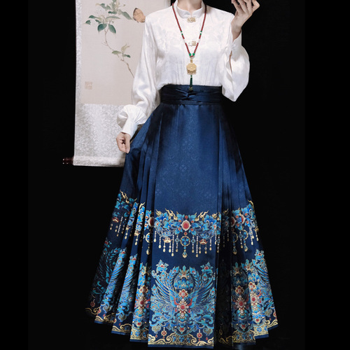 Original Chinese Costume Women【Green Parrot】Ming Style Mamian Skirt New Chinese Style National Wind Upright Collar Blouse Commute Autumn Winter