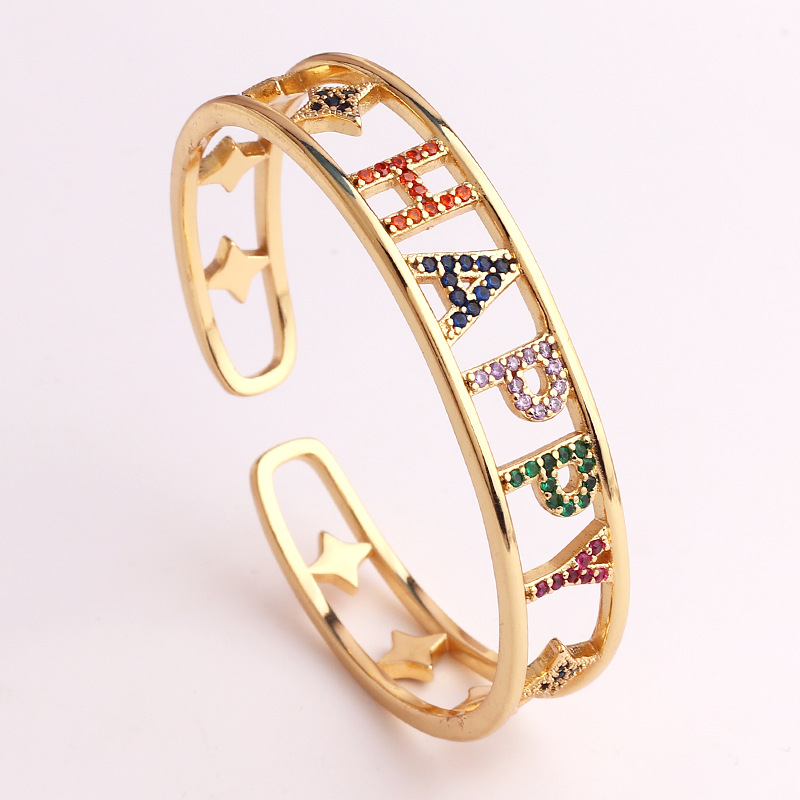 Retro Letter Heart Shape Copper Inlay Zircon Bangle