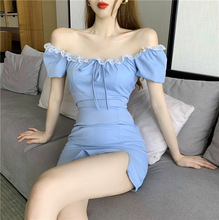 法式小众蓝色包臀连衣裙女2023新款夏季收腰气质方领系带短裙子