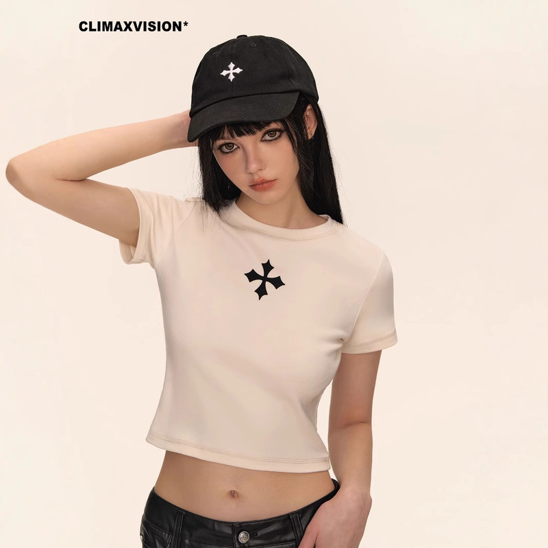 American Style Vintage Cross Print Shoulder Short-Sleeved T-Shirt Women's Summer Sweet Spice Girl Slim-Fit Short Cropped Top Trendy