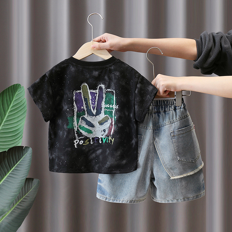 7280 traje de verano para niños 2025 nueva camiseta de manga corta con estampado fino de verano para niños de dos piezas de verano