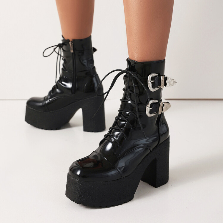 New round head front strap with double belt buckle side zipper waterproof platform chunky high heel ankle boots_voghion.com