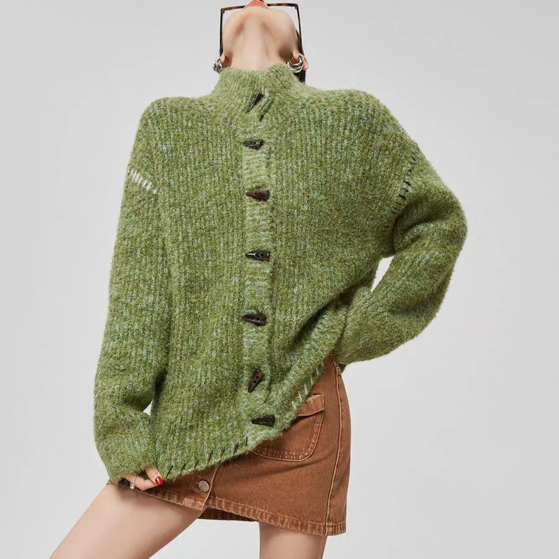 Christmas Green Circle Yarn Thick Needle Contrasting Color Hand Embroidered Trim Thick Lazy Silhouette Sweater Jacket