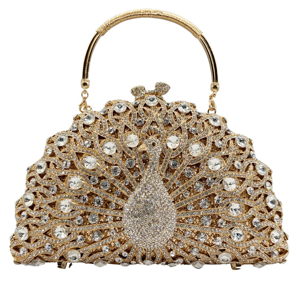 Túi clutch nữ đính đá hình con công rỗng dạ hội — Đen xanh lục, Xanh vàng, Nền vàng kim cương trắng, Vàng hồng