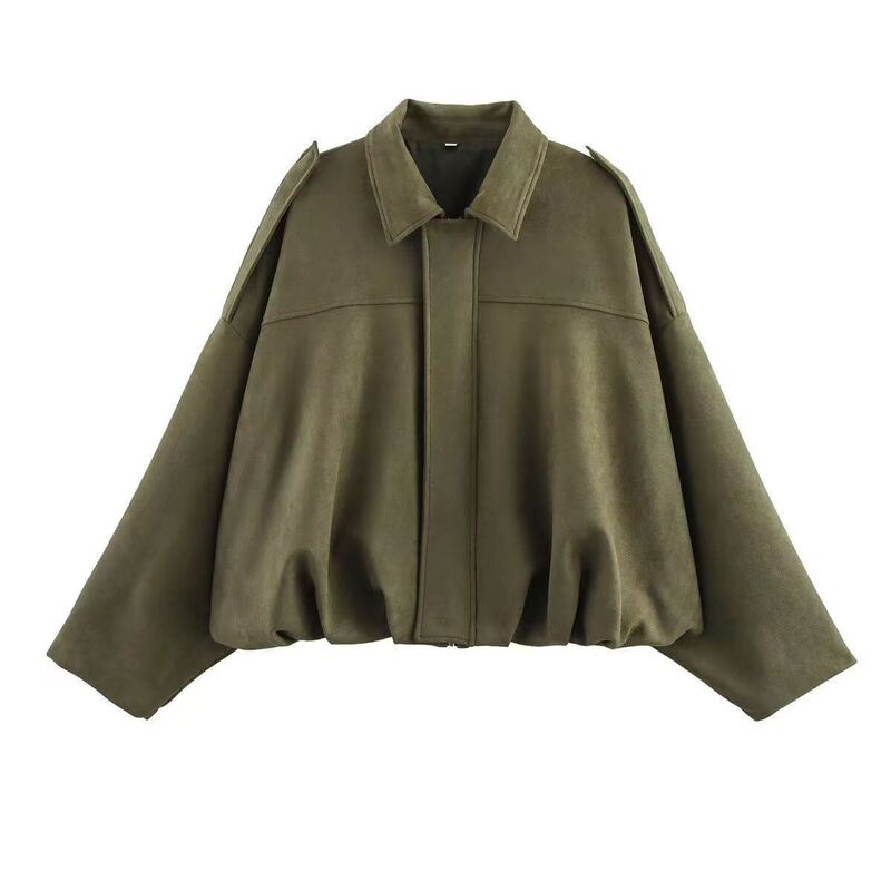 AliExpress Cross-Border Wholesale European and American Women's Fashion 2026 Trendy Bomber Jacket Batwing Sleeve Zipper Casual Top