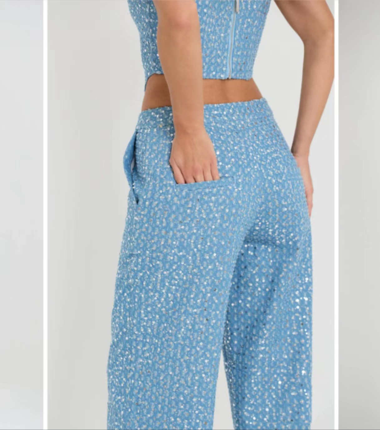 Spring Summer Denim Sequ Tube Top Wide Leg Pants Suit