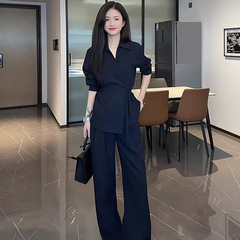 预售6803】大码时尚套装女2025年季新款系带衬衫高腰阔腿裤两件套