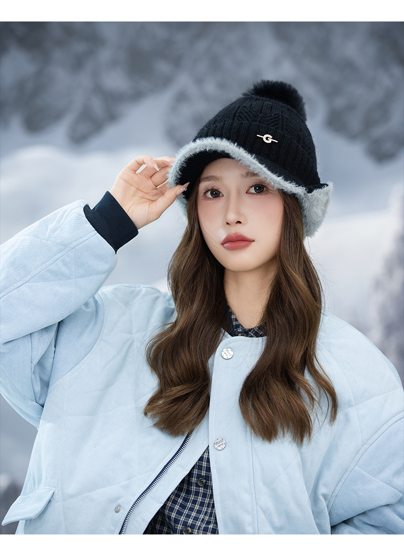 Autunno Inverno Nuovo G Label Bicolore Paraorecchie sfilacciato Esterno Foderato in pile Ispessito Antifreddo Caldo Viso-snellente Lavorato a maglia_voghion.com