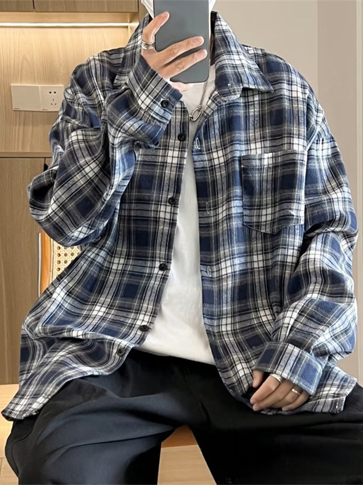 Camisa a cuadros japonesa de manga larga para hombres otoño nueva moda versátil juvenil casual ropa de trabajo suelta camisa chaqueta