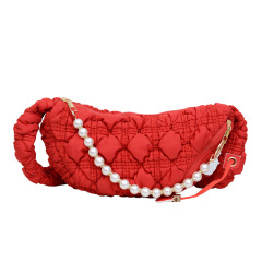 2024 New Women's Bag Embroidered Strap Crossbody Bag Pearl Oblique Bag Crease Cloud Bag Knitted Bag