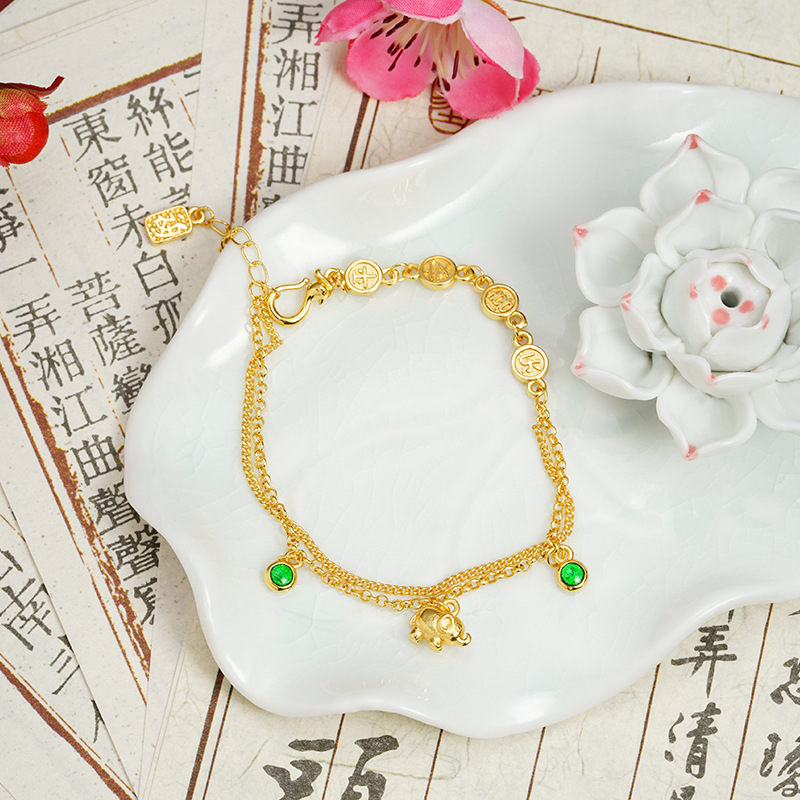 Guochao vietnamita pulsera de oro de arena lujoso pequeño elefante temperamento tarjeta redonda Ping An alegría pulsera joyas de alta calidad al por mayor