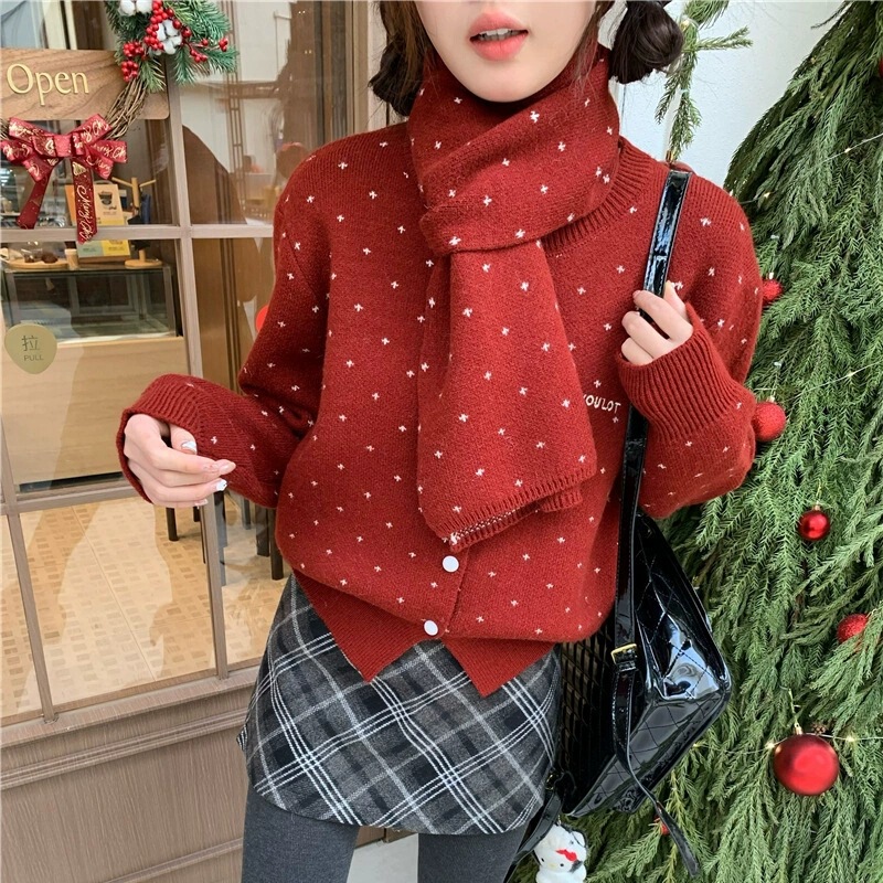 Red scarf, sweater, knitted cardigan for women, autumn and winter New Year Christmas outfit, unique, beautiful, and sweet top