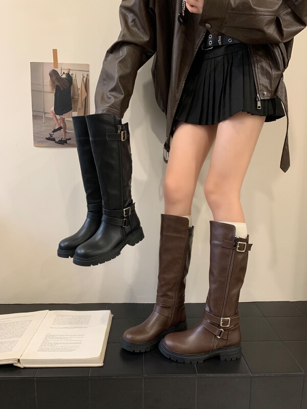 Meilade Autumn and Winter Vintage Belt Buckle Knight Martin Boots with Double Zipper Design High-Tube Long Boots for Women Meilade Autumn and Winter Vintage Belt Buckle Knight Martin Boots with Double Zipper Design High-Tube Long Boots for Women