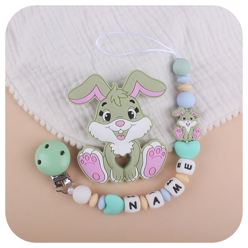 Nuevo bebé suministros chupete cadena DIY bebé nombre silicona teether conejo teether traje