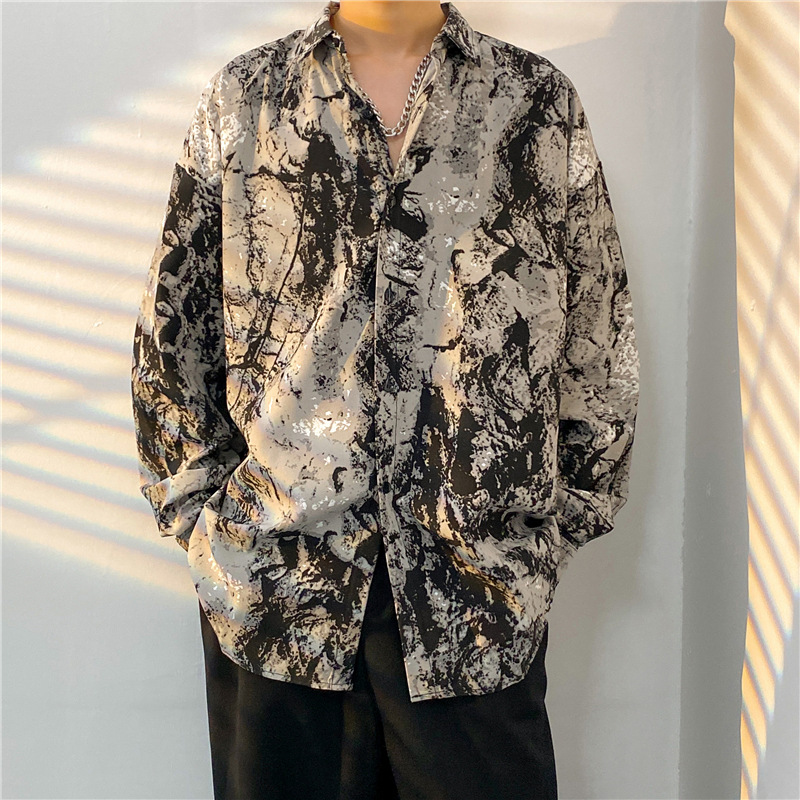 High-grade Tie-dye Shirt Men's Summer Printed Trendy Ins Puffy Handsome Long-sleeved Shirt Draped Loose Casual Top