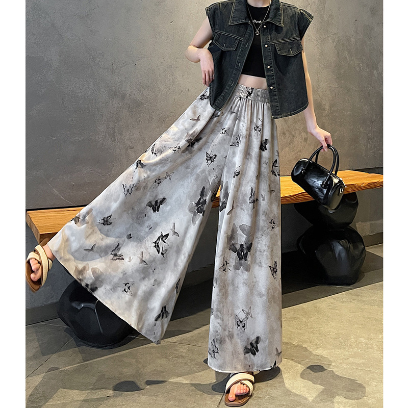 New Chinese-Style Ink Painting Pleated Skirt Pants for Women, Summer 2026 New Model, Casual Versatile High-Waisted Drapey Wide-Leg Skirt Pants