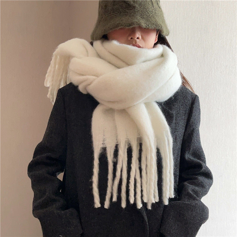 Scarf Women's Winter Solid Mohair Thickened New High Grade White Versatile Lazy Shawl Neck Scarf Warm Tide_voghion.com