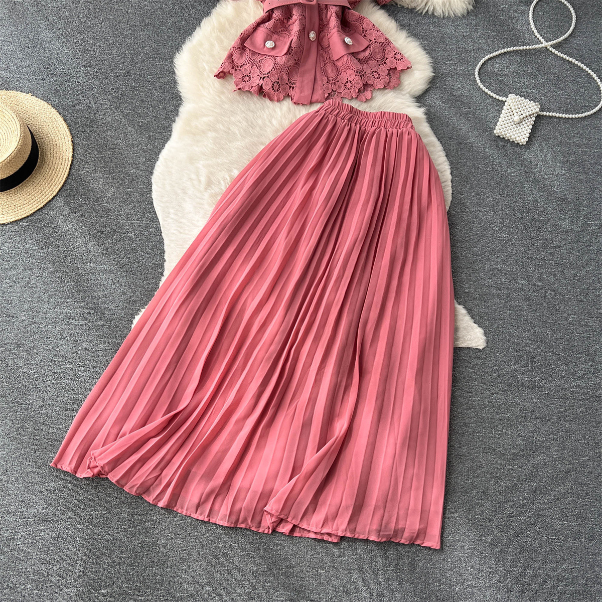Damen Zweiteiliges Set Aus Kurzarmbluse Und Plisseerock Für Den Sommer_voghion.com