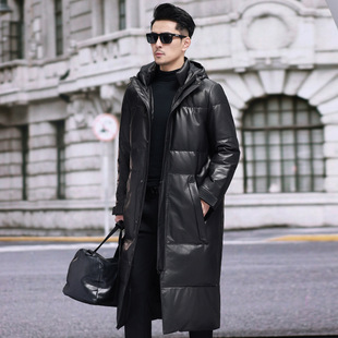 Genuine Leather Goose Down Jacket Men's New Hooded Extended Knee-length All-match Autumn and Winter Fashionable Handsome Jacket for Men