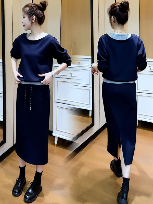时尚套装裙女2025秋季新款洋气显瘦假两件拼接卫衣半身裙两件套潮|undefined