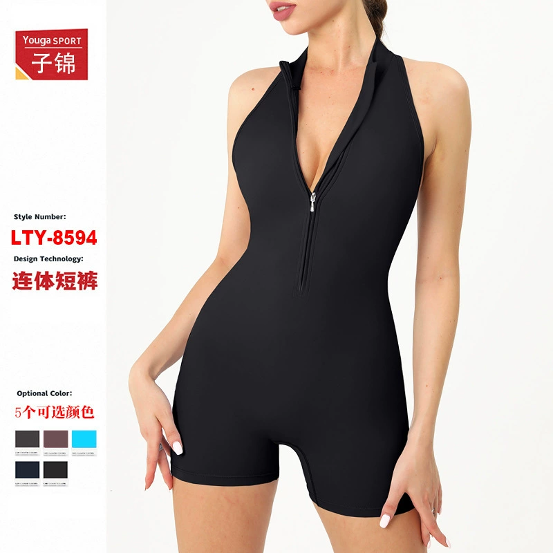 Летний высокоинтенсивный спортивный комбинезон для йоги с красивой спиной и застежкой-молнией, облегающий комбинезон для фитнеса телесного цвета с подтяжкой ягодиц 8594.