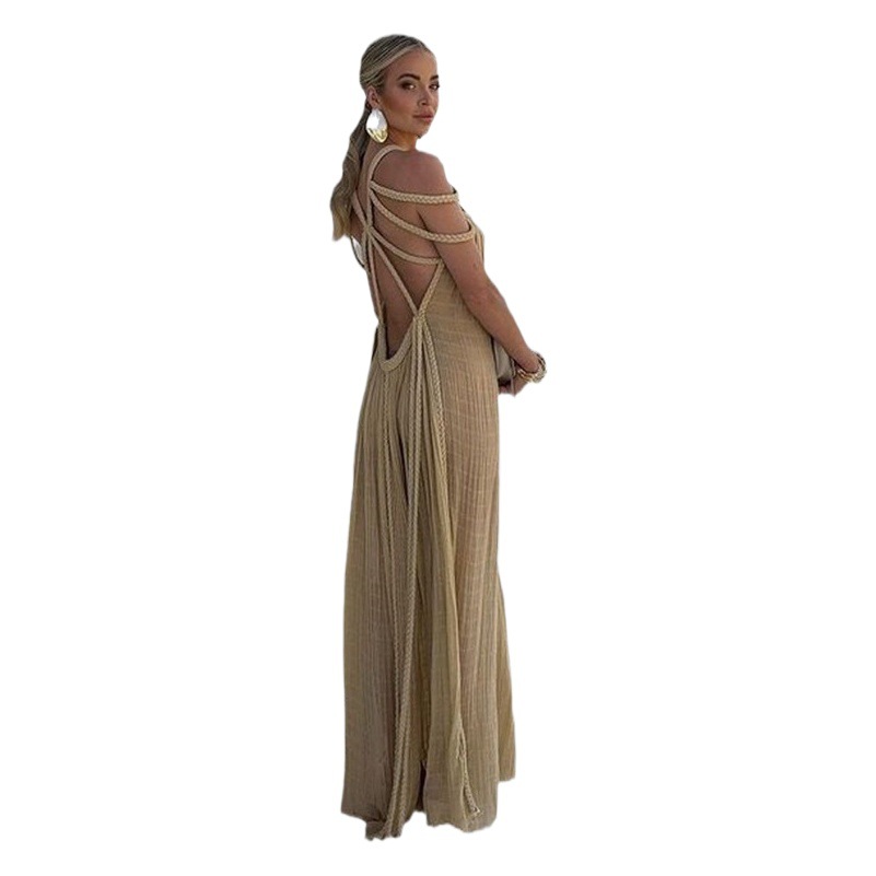 2024 new cross-border European and American spring women's long dress lace off-shoulder sexy halter loose holiday beach dress