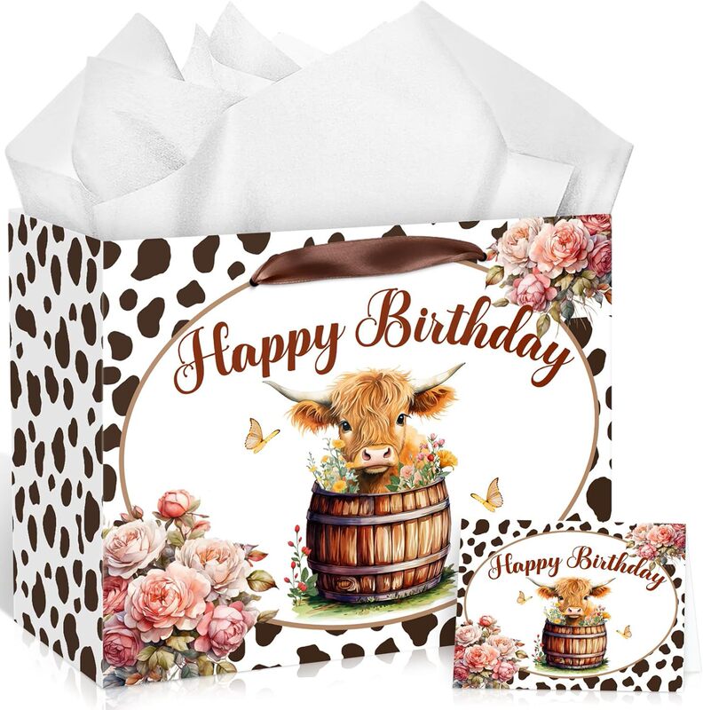 Large Highland Cow Birthday Gift Bag Brown Cow Birthday Packaging Bag with Handle Tissue and Card